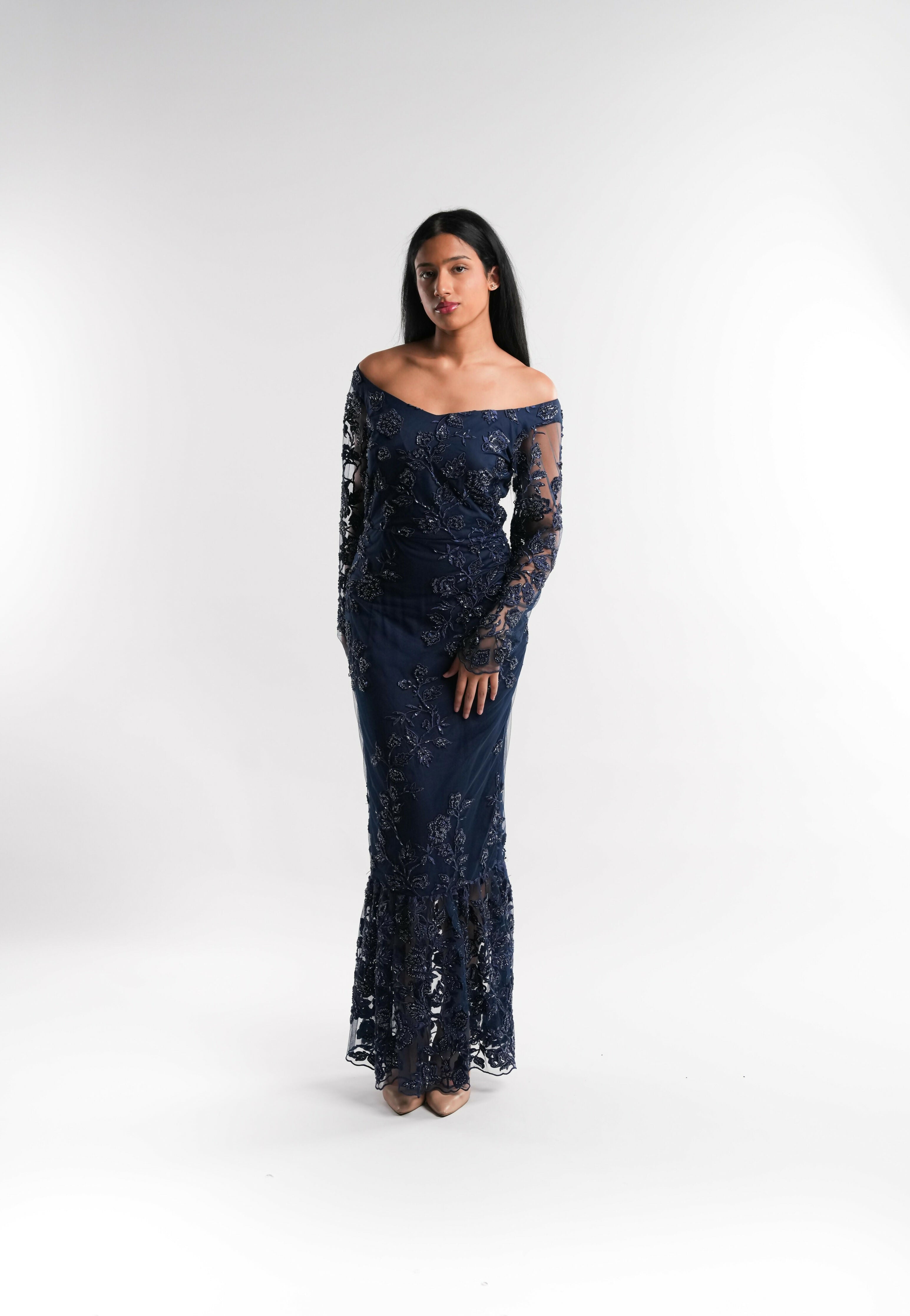 Blue Tulle Beaded Maxi Dress