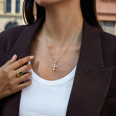 Celine – White CZ Cross Pendant Necklace, 18K Gold Finish