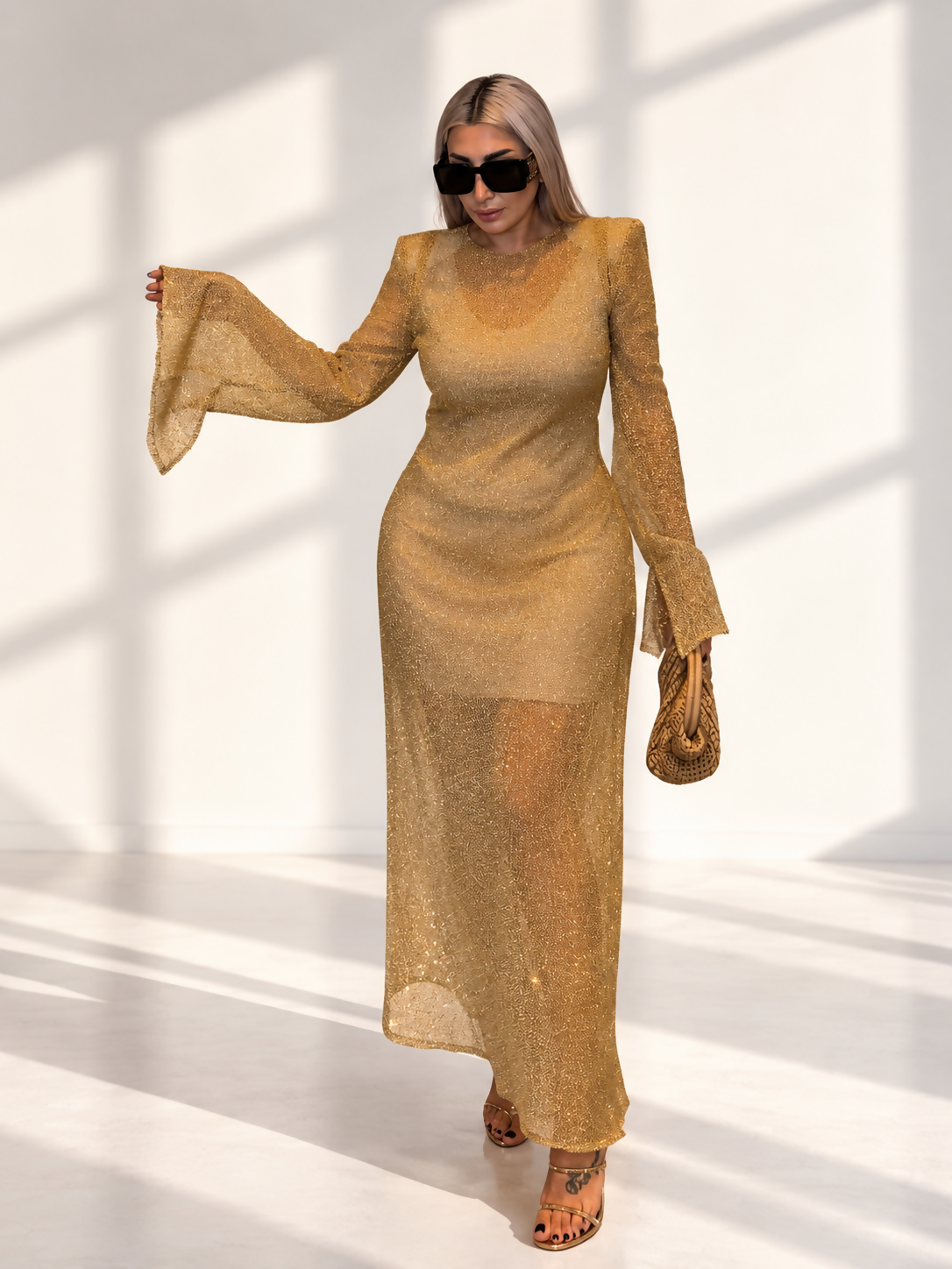 Icona Stile Gold Metallic Textured Maxi Dress