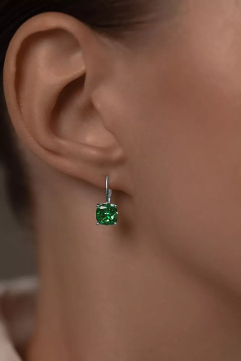 Earrings On French Lock With Emerald Diamond Imitation In Cushion Cut