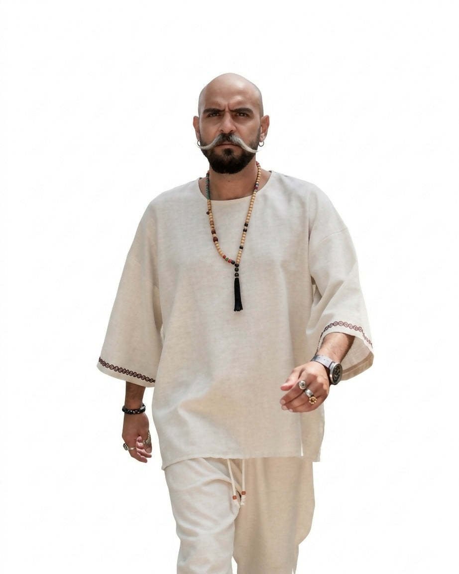 Harem Style Viscose Linen T-Shirt - Ecru