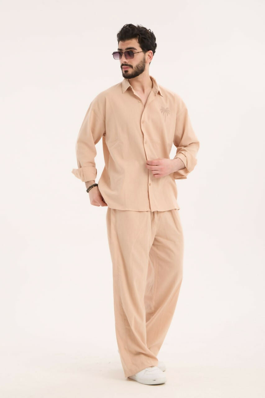 Embroidered Detail Shirt & Pants Set- Beige