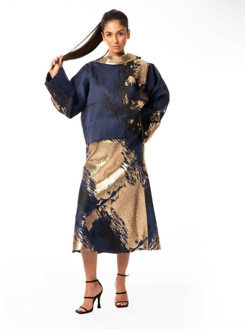 Gold Blue Brocade Set: Voluminous Top and Midi Skirt