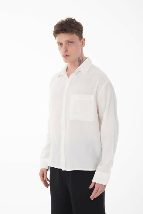 Stand Collar Single Pocket Detailed Long Sleeve Modal Shirt -Ecru