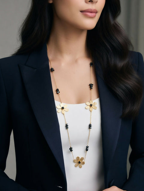 Flower Black handamde Long Necklace /Natural Stone