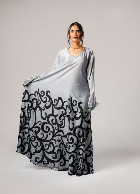 Dress-Jellabiya- Patterned Silk long Loose Style - With A luxury mixture of Gray and black color-Sleeves with lace and soft feathers