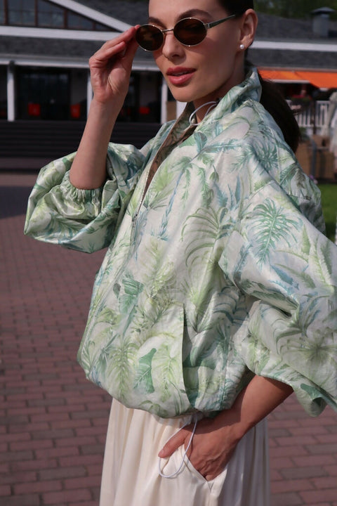 Cotton Bomber in Light Green Print