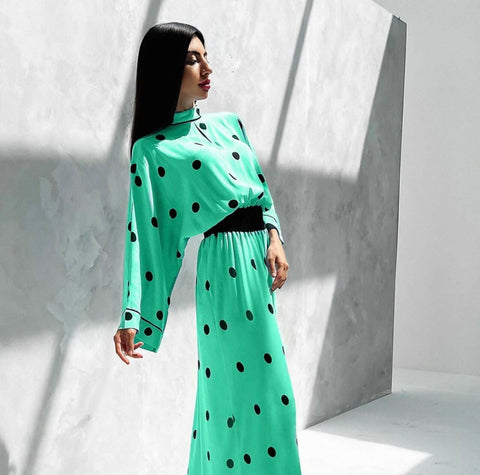 Green Cotton Maxi Dress, Adorned With Chic Black Dots