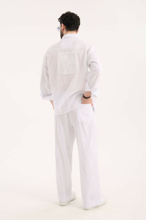 Embroidered Detail Shirt & Pants Set- White