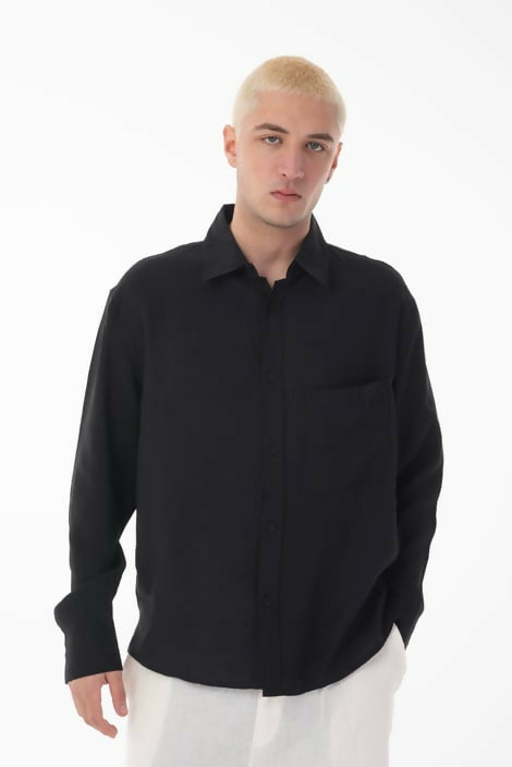 Stand Collar Single Pocket Detailed Long Sleeve Modal Shirt - Black