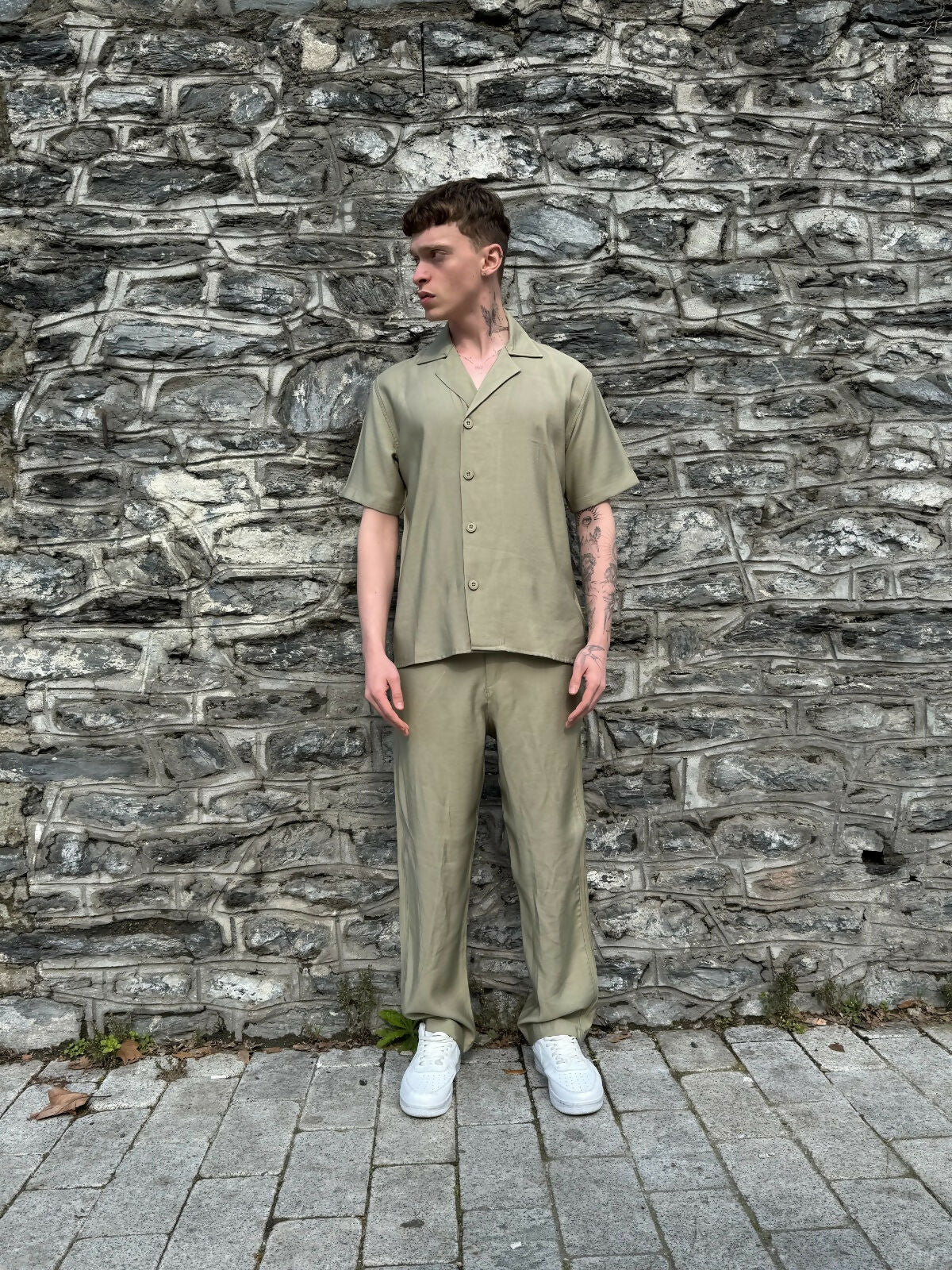 Short Sleeve Shirt Zippered Pants Set - Green