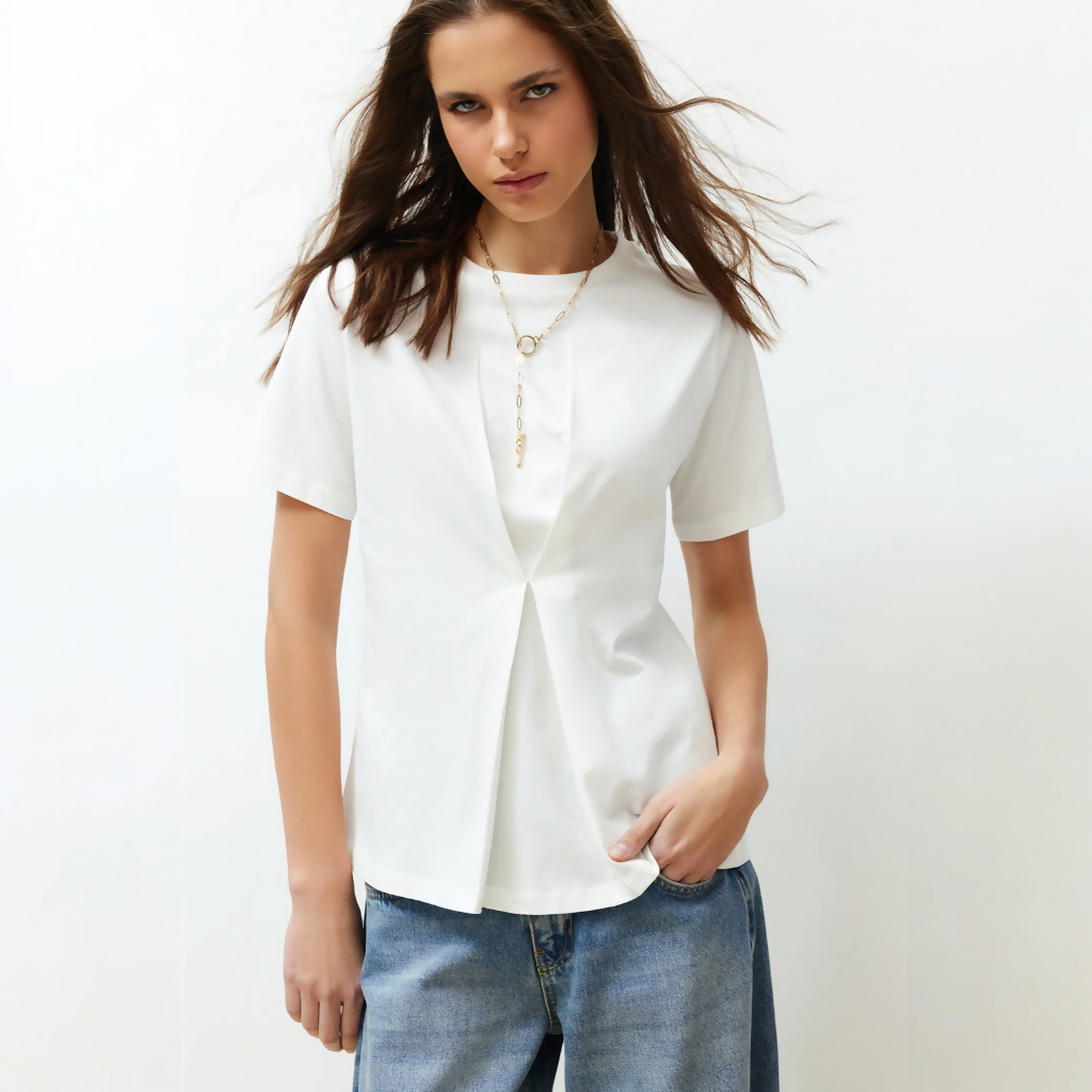 MY PEANUT Ece Pleated Cotton T-shirt in White