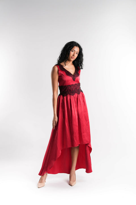 Satin Dress with Contrast Black Lace