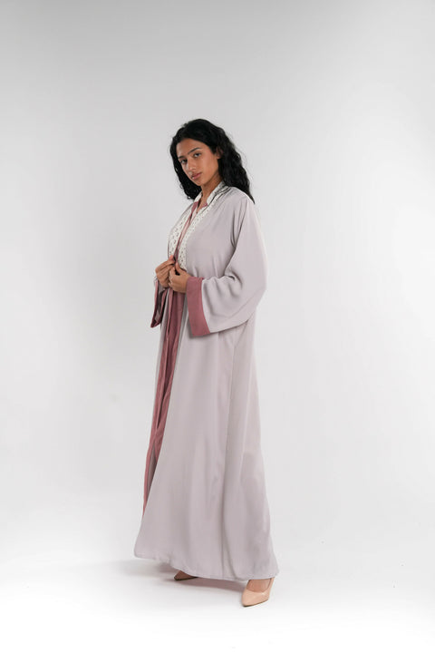 Pink & Grey Lace Neck Abaya with Shaila