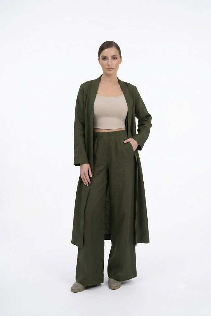 Cotton Suit With Trousers And Cape Dark Green