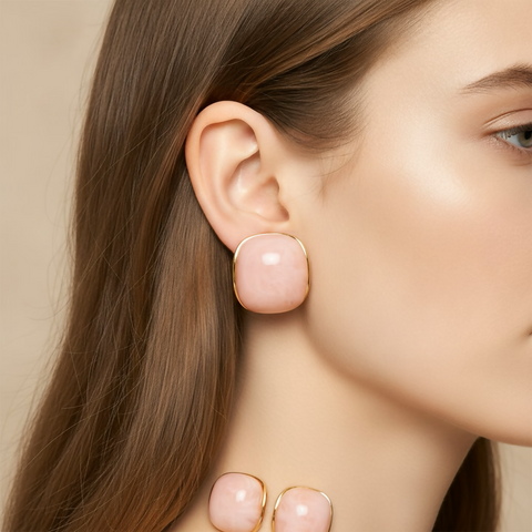 Chunky Square Resin Cabochon Stud Earrings - Pink