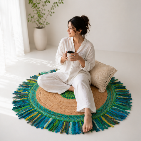 Cotton Jute and Tassel Braided Green Carpet