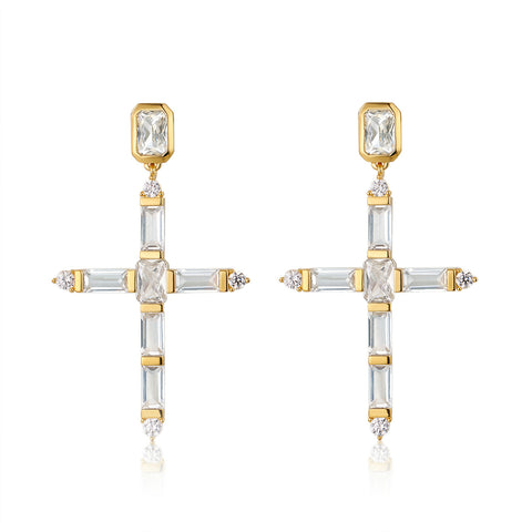 The Baguette Cross Earrings- Gold