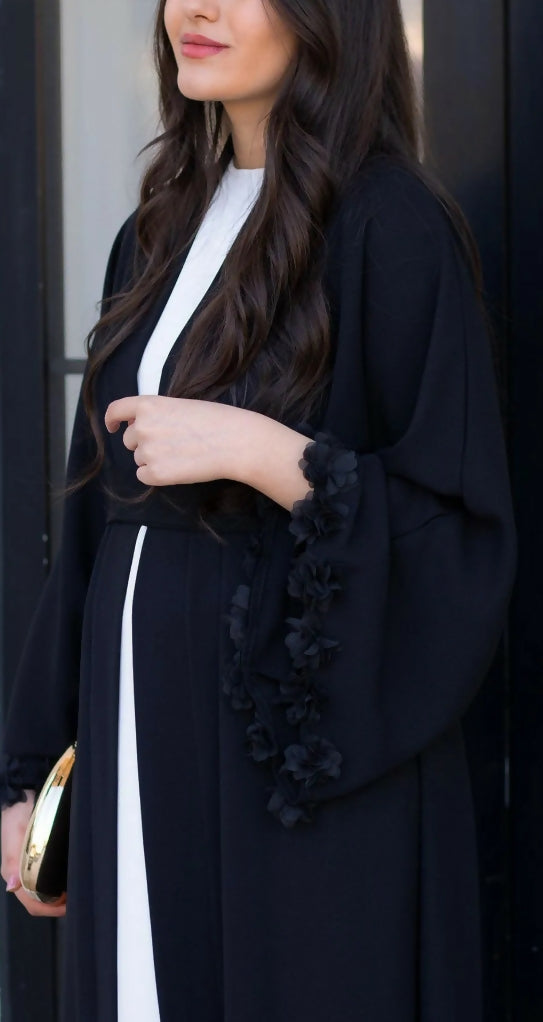 Black Sleeve 3D Floral Detailed Abaya