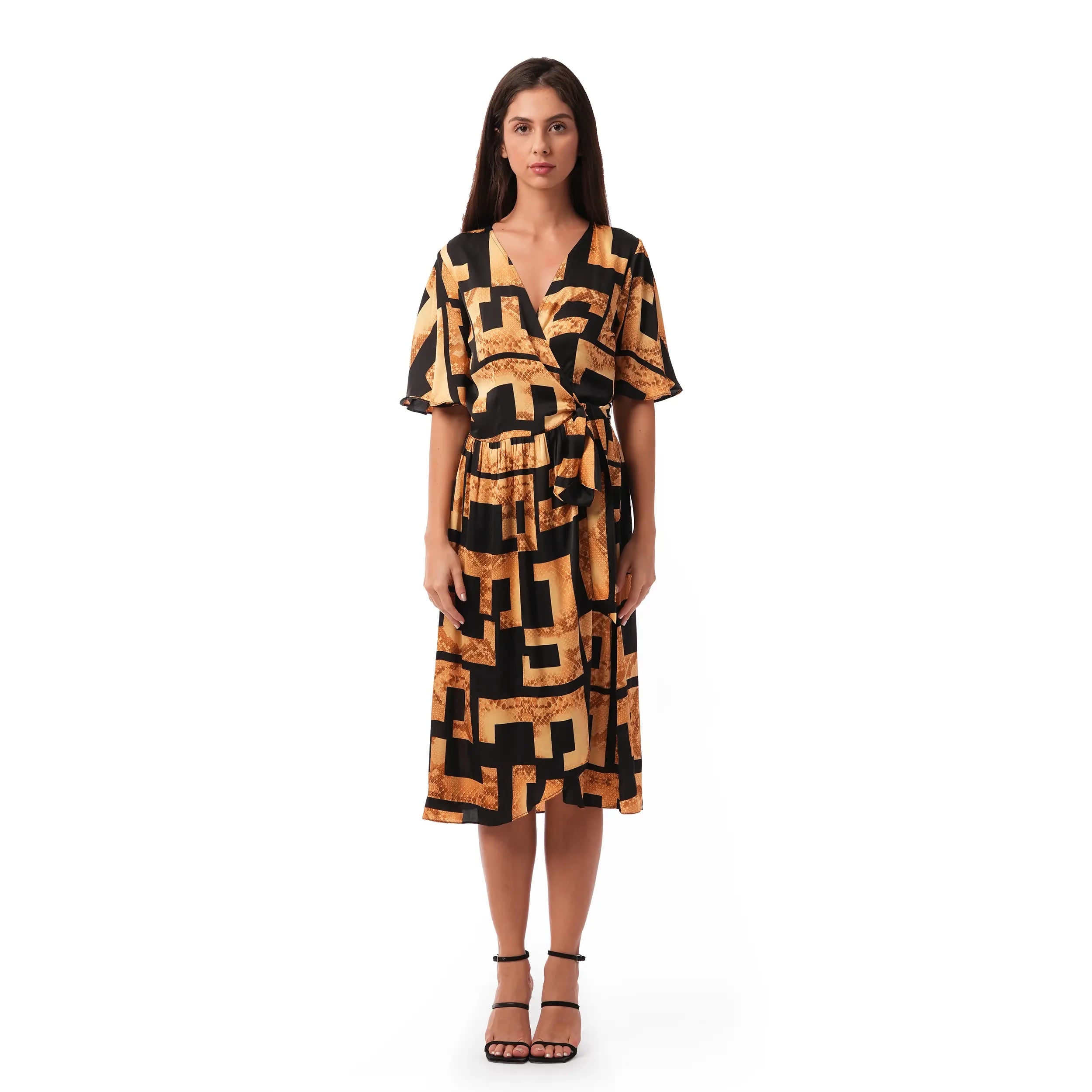 Midi silk overlap dress in black