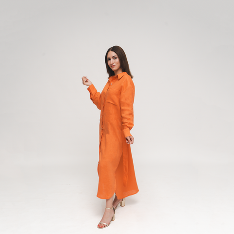 Clara, Tangerine Italian Linen Midcalf Dress