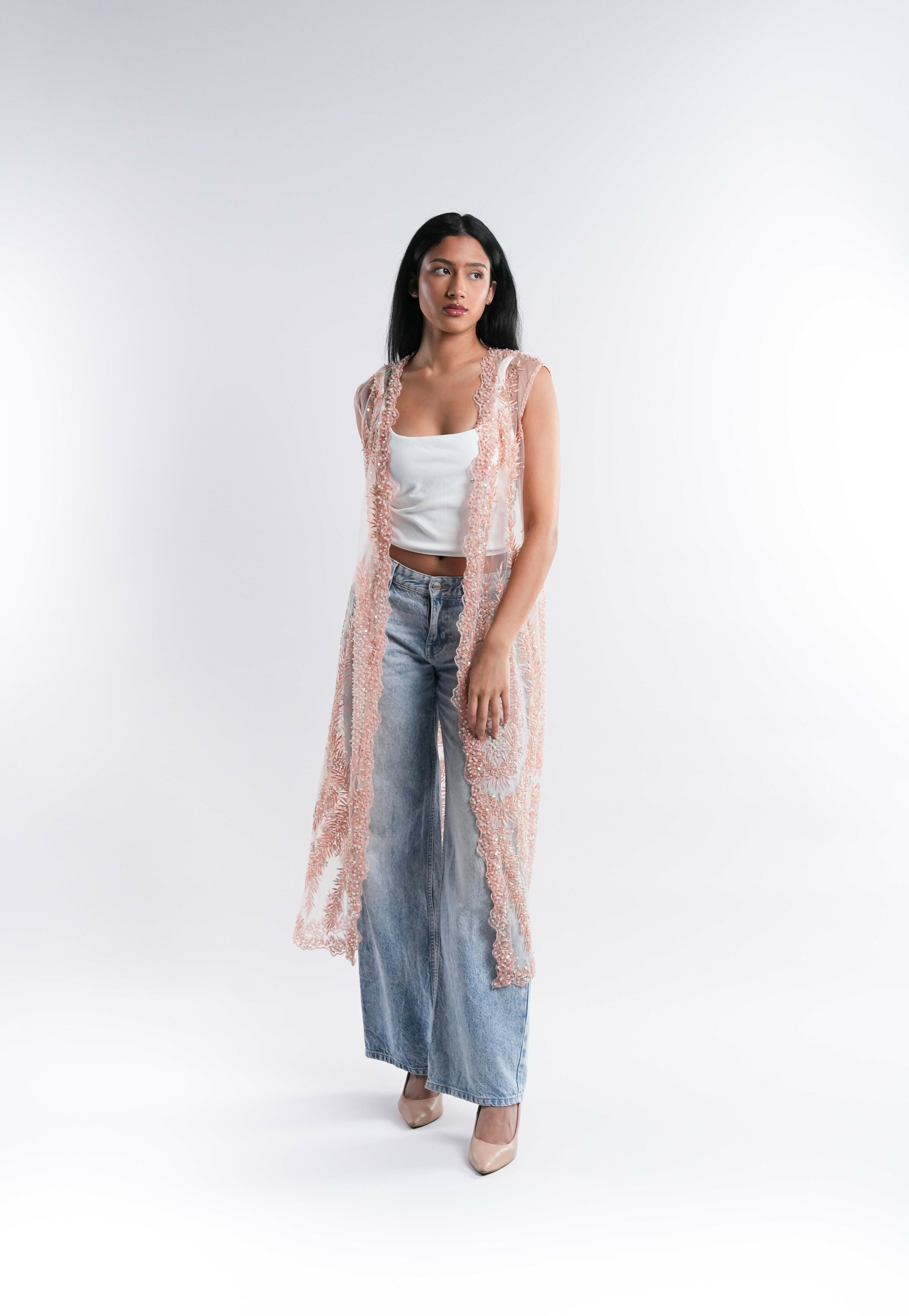 Peach Hand Beaded Tulle Cape