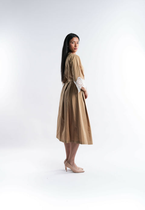 Brown Cotton Dress with White Lace Trim