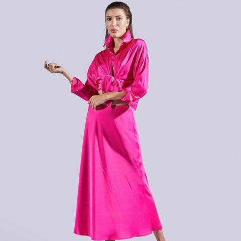 Pink Silk Classic Button-Down Design Shirt And Elegant Skirt