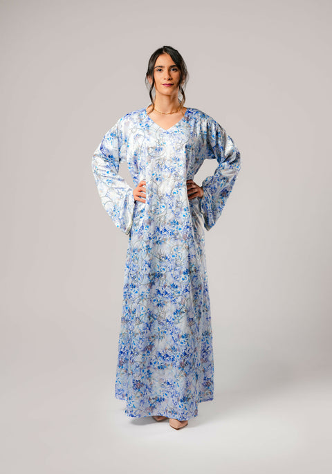 Dress-Jellabiya- Patterned Silk long Loose Style - With A luxury mixture of Blue Flowers color-Sleeves with lace