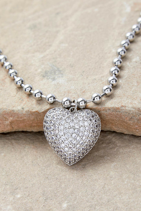 Puffy Heart Statement Necklace- Silver