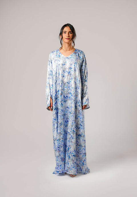 Dress-Jellabiya- Patterned Silk long Loose Style - With A luxury mixture of Blue Flowers color-Sleeves with lace