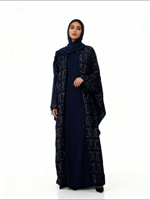 Bisht – Luxury Sparkling Navy Blue abaya with sophisticated Gold Navy Blue beads