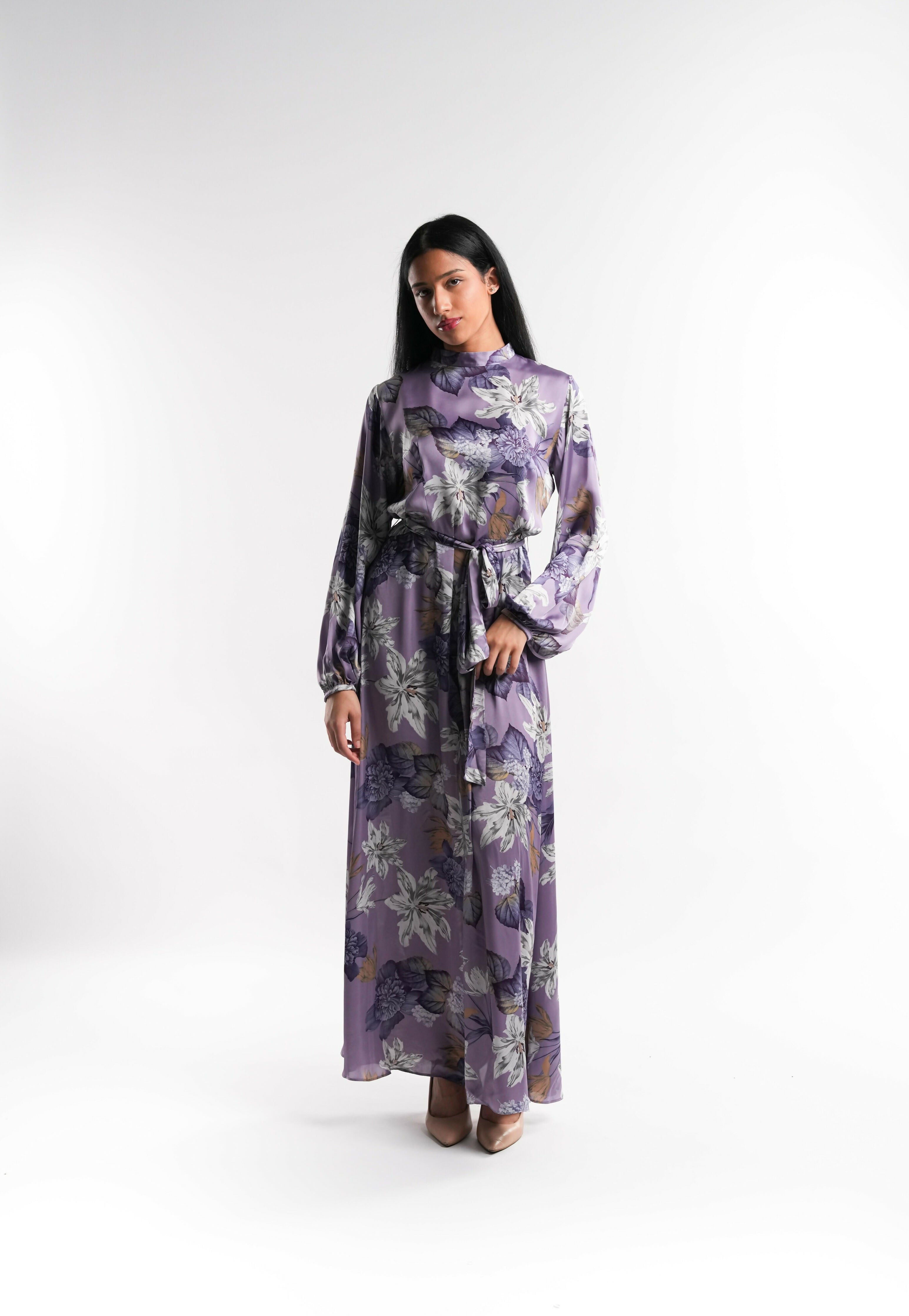 Purple Silk Floral High Neck Dress