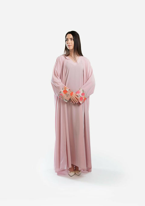 Abaya pink embroidered sleeves