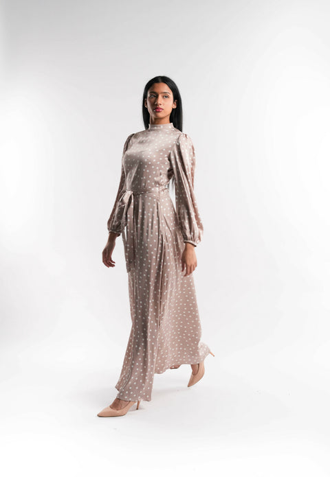 Beige Silk Polka Dot Dress