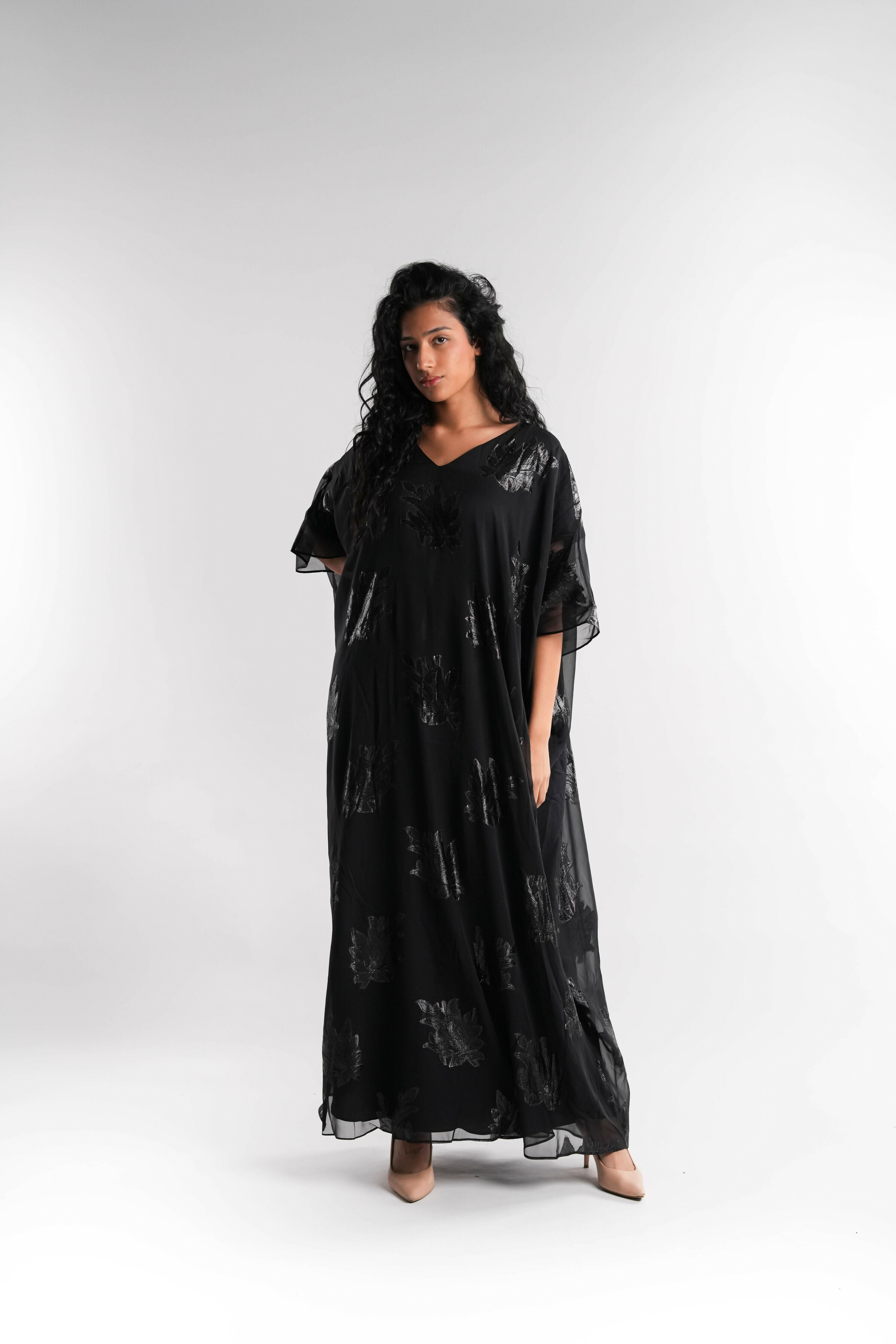 Black and Gold Chiffon Kaftan Lined
