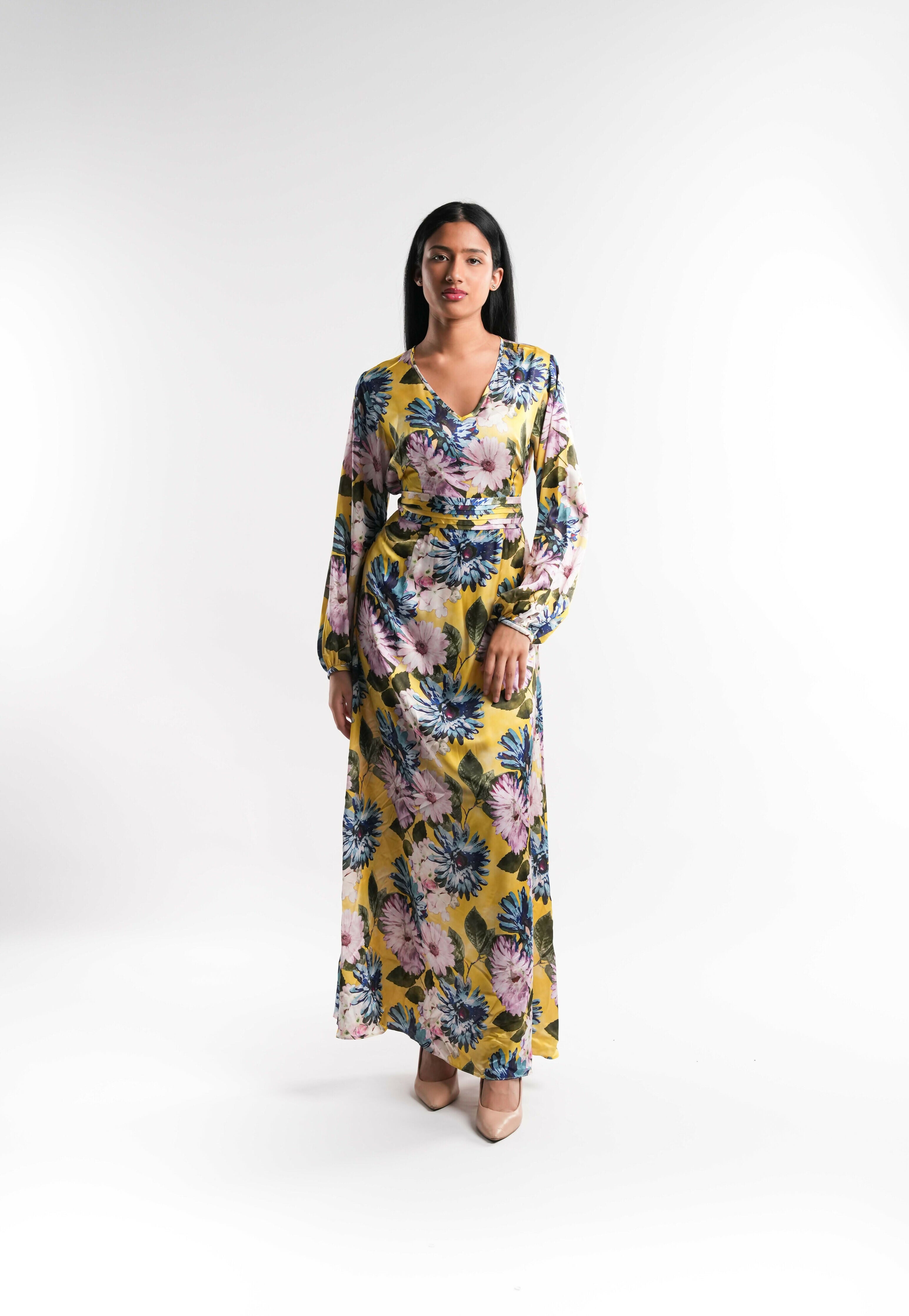 Yellow Floral Silk Dress