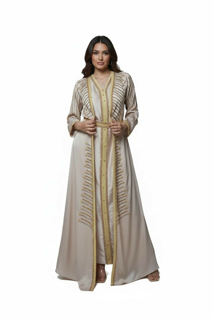 Handcrafted Embroidered – TWO Piece Kaftan Dress with belt – in striped elegant touch