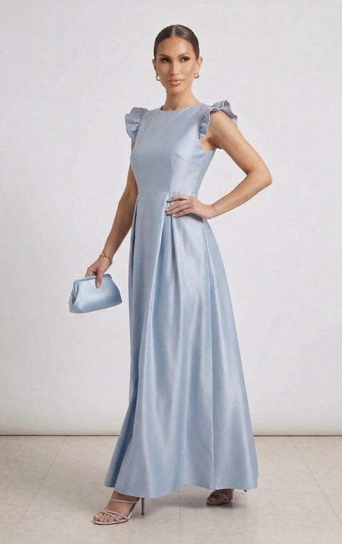 Luxury Sky Blue taffeta Evening Gown with Ruffled Sleeves