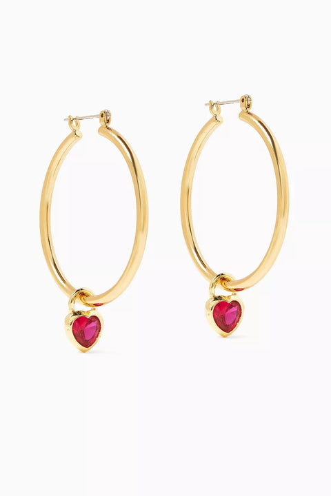 Bezel Heart Charm Hoops- Gold