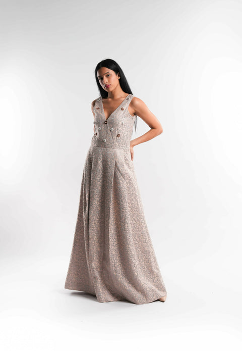 Metallic Brocade Midi Dress in Champagne Beige
