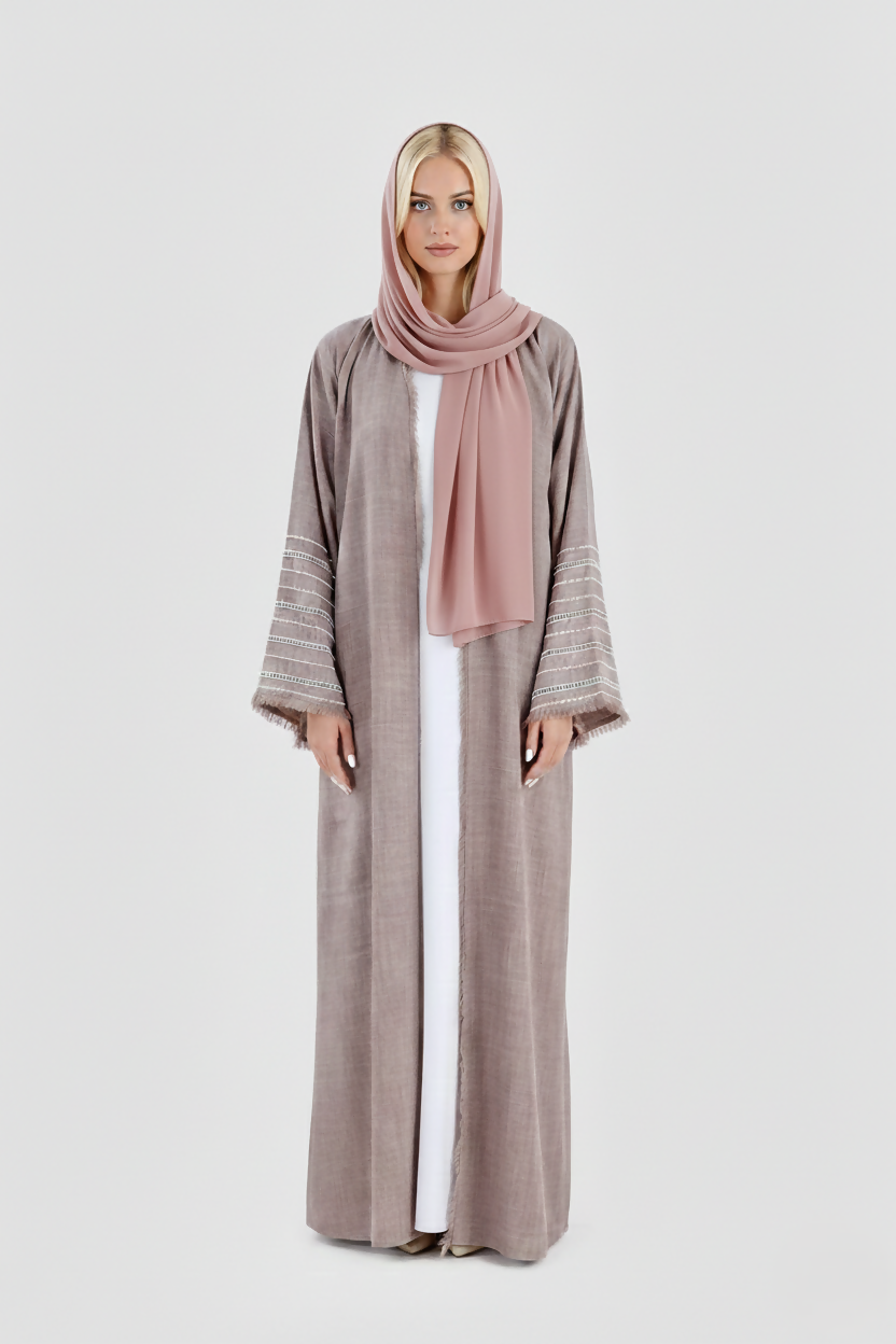 Margot Pearl Linen Abaya – 3-Piece Set in Pink