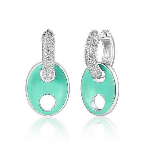 Huggies-earrings with cubic zirconia and green enamel