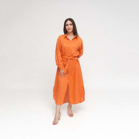 Clara, Tangerine Italian Linen Midcalf Dress