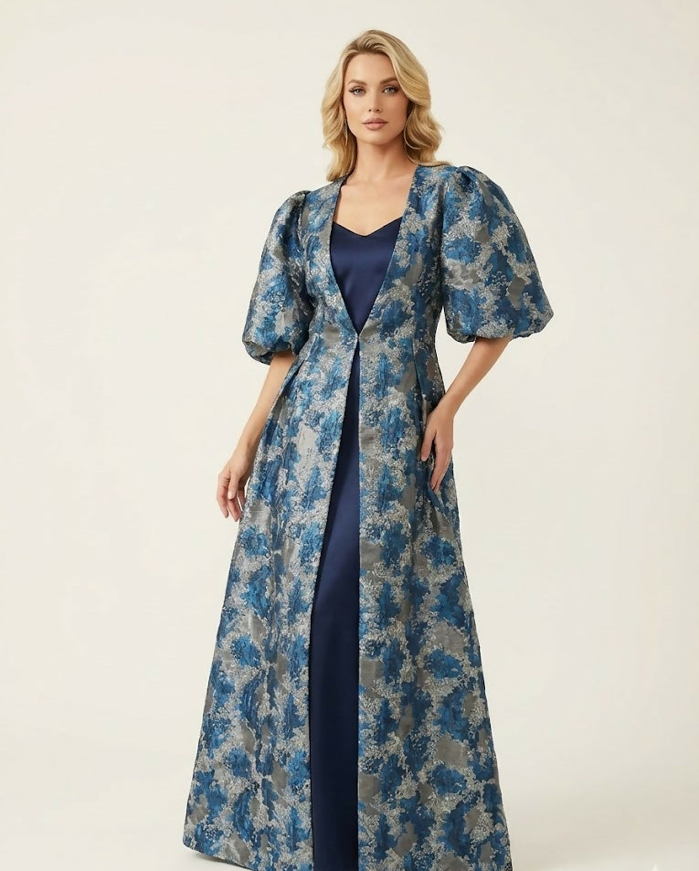Blue Taffeta Evening Dress with Organza Jacquard Robe
