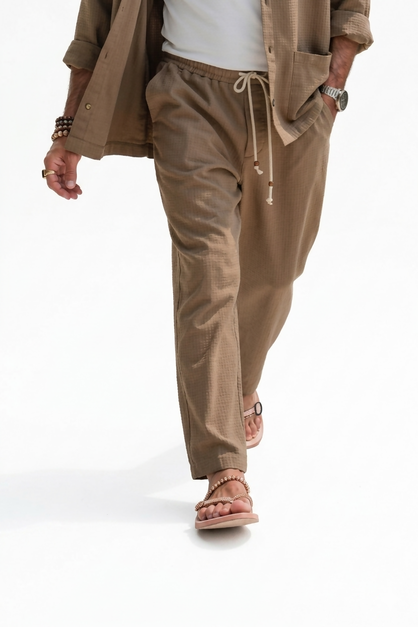 Waffle Texture Baggy Pants - Brown