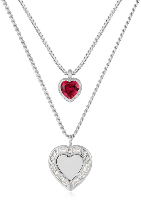 Double Heart Charm Necklace- Red/Gold