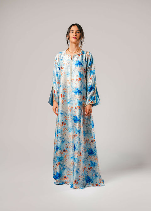 Dress-Jellabiya- Patterned Silk long Loose Style - With A luxury mixture of Blue -brown color-Sleeves with elegant lace