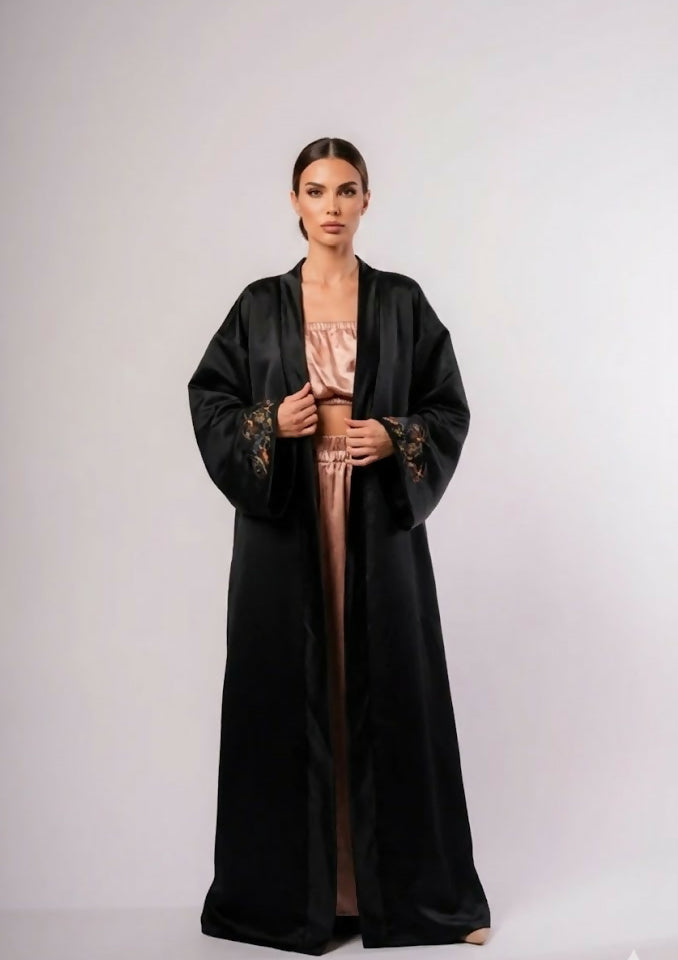 Black Long Taffeta Kimono, Hand-Painted Back And Sleeves