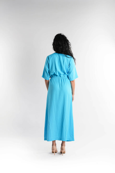Blue crepe dress with white lace
